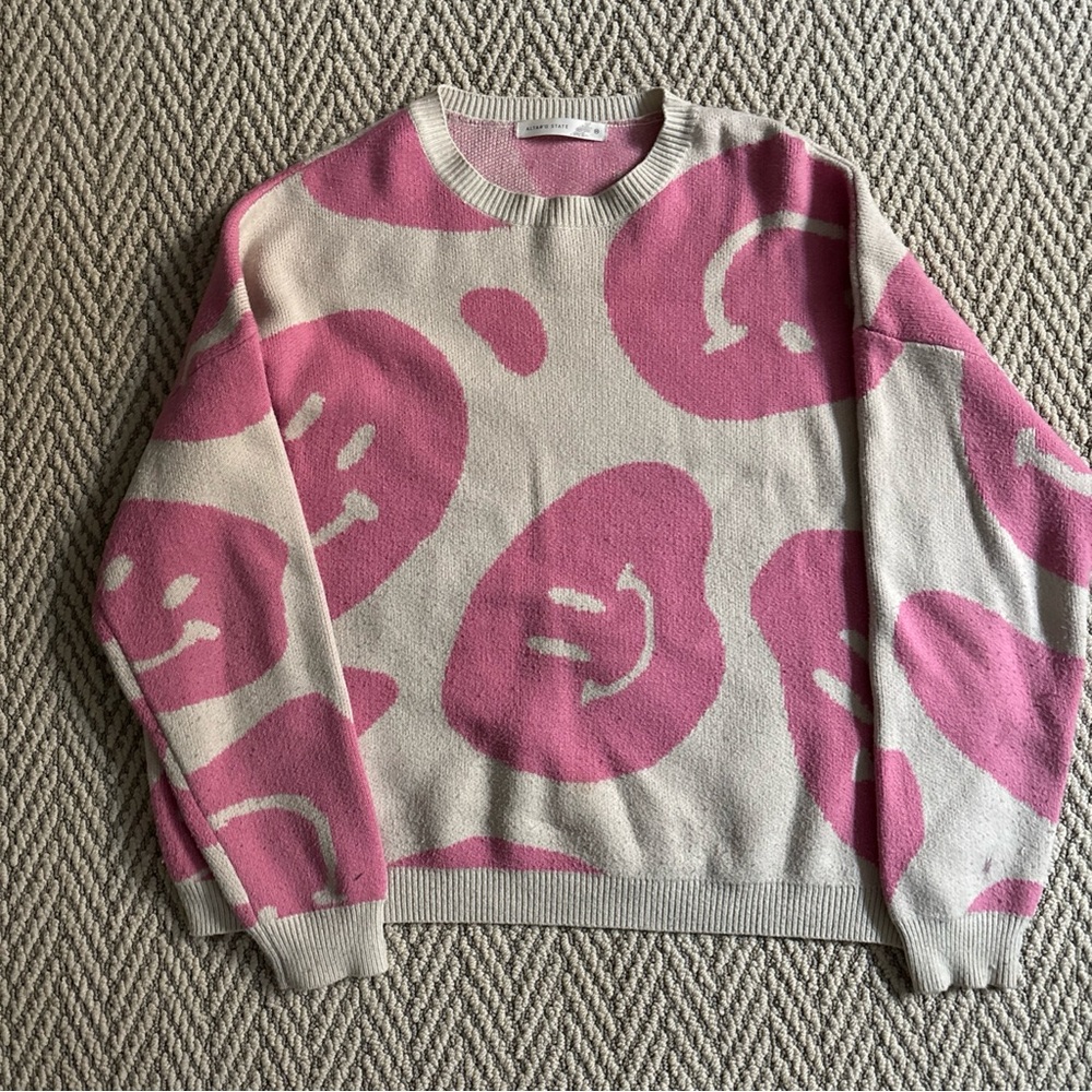 Altar'd State Pink and Cream Smiley Sweater